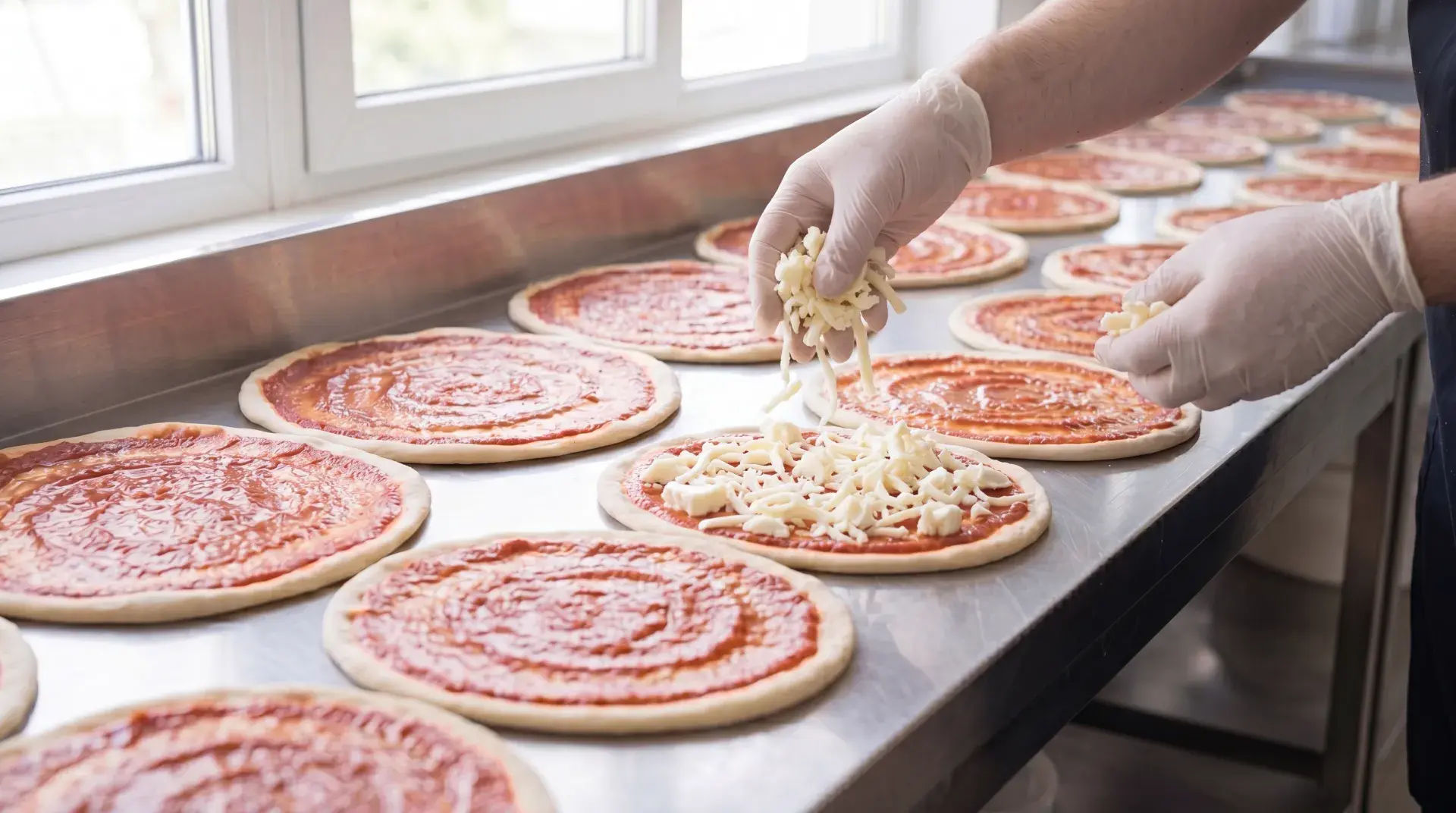 Prepizzas con salsa y mozzarella en la cocina de Josefina
