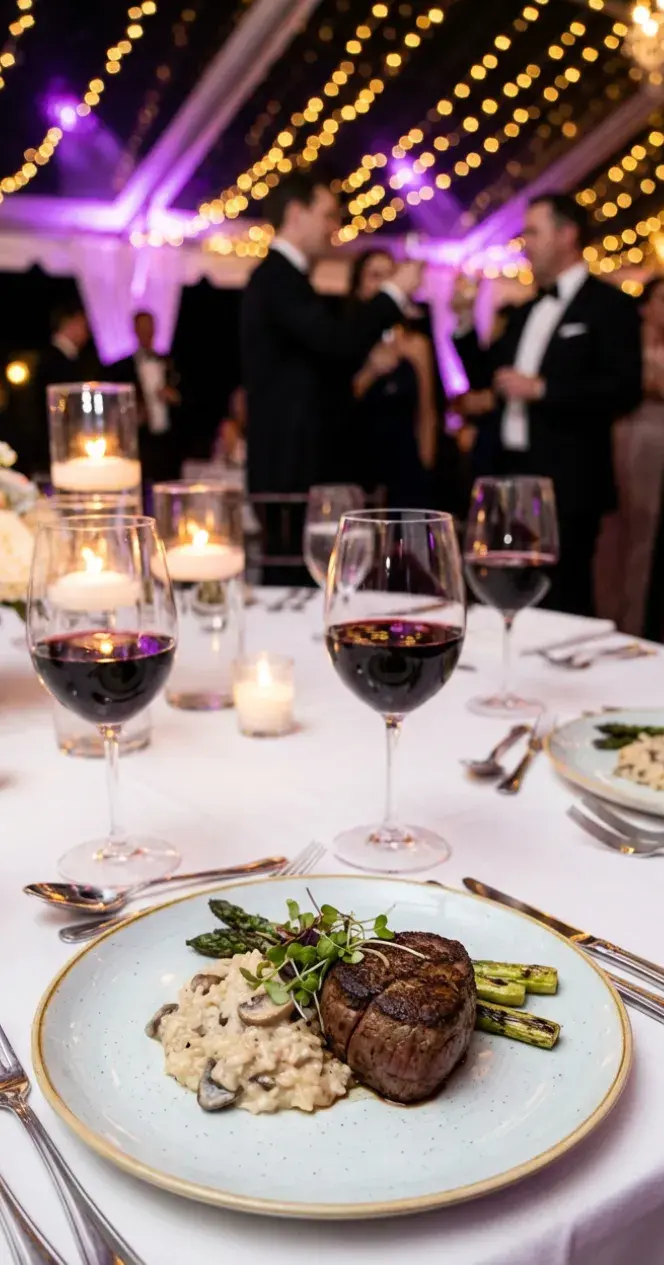 Plato servido en una mesa vestida de noche, con copas de vino, velas e invitados de traje al fondo