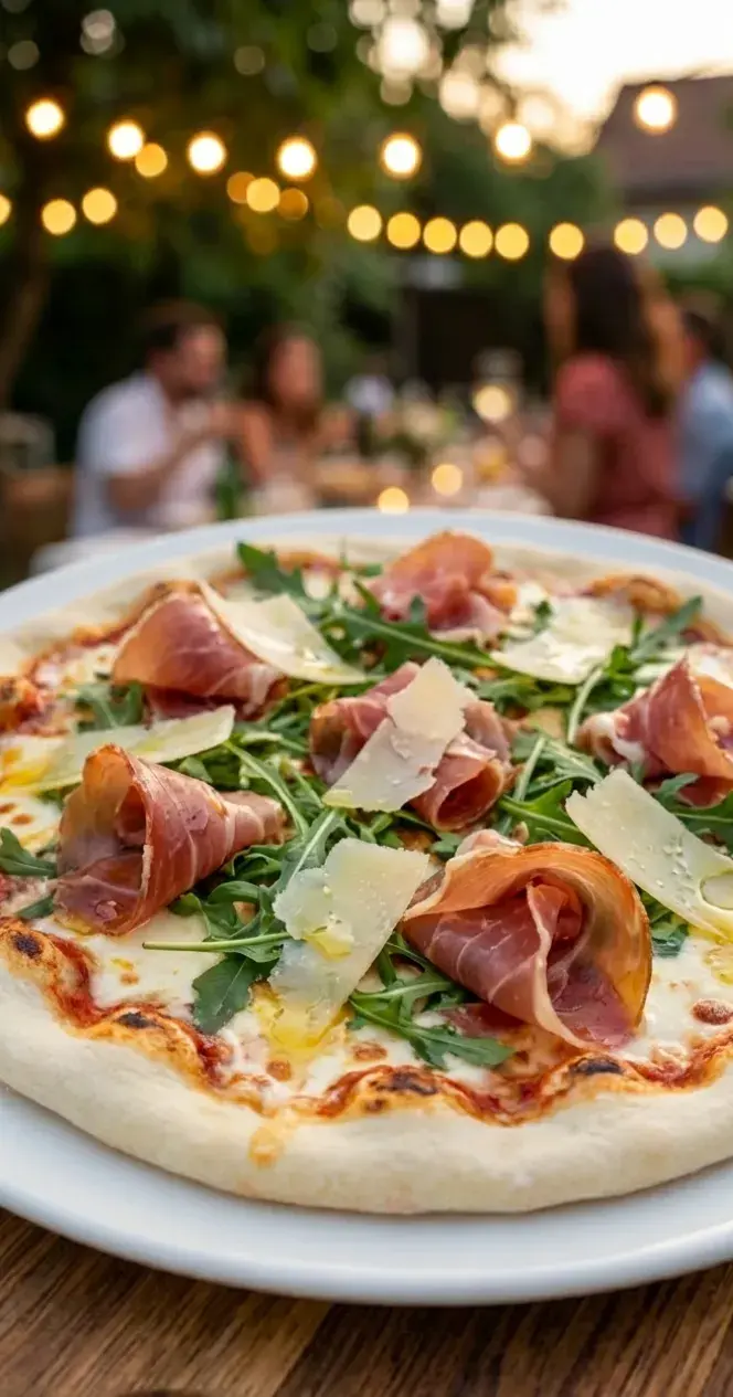 Pizza de jamón crudo y rúcula servida al aire libre, con guirnaldas de luces y la mesa de fondo
